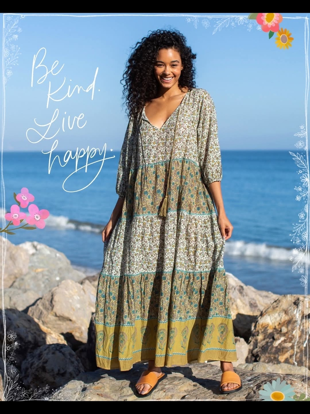 NATURAL LIFE Olive Multi Floral Boho Tiered Maxi Dress